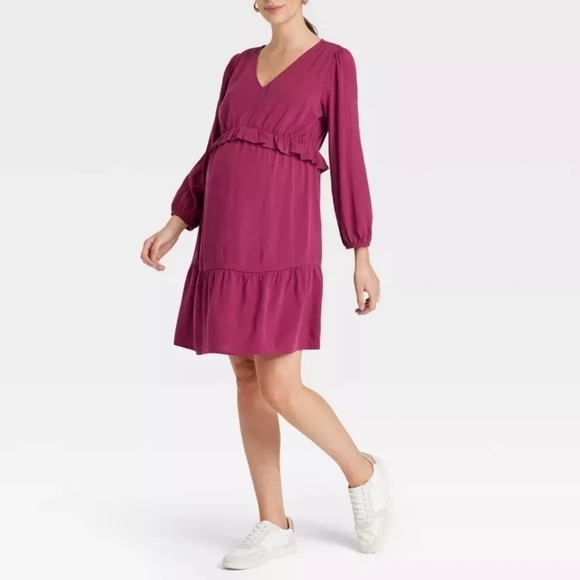 Isabel Maternity Long Sleeve Ruffle Waist Woven Maternity Dress PINK BERRY  XL - Picture 1 of 7